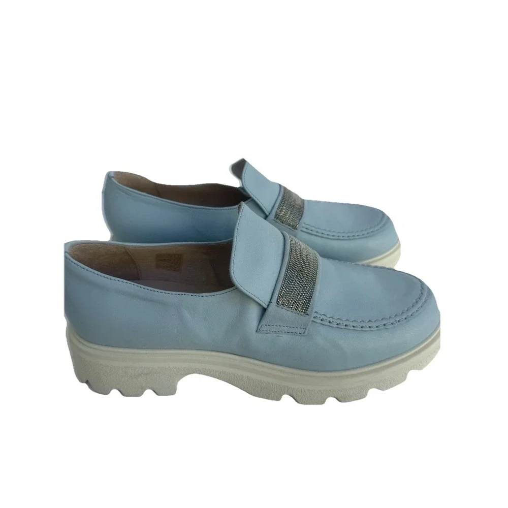 ETHEM Light Blue Leather Lug Sole Loafers Metallic Bead Strap Made in Italy 40